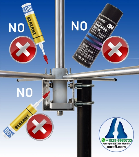 You should NEVER use additional sealant and sprays such as resin and silicone. The square section at the bottom of the 5/8 antenna is not just a physical mounting point, it is a large capacitor, the flat sides of the square piece act as capacitor plates against the one inch tube entering the Teflon insulator/ dielectric. Additional resin and silicone changes the dielectric constant, which changes the capacitance, which detunes the antenna and causes reflected power