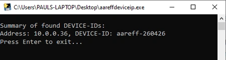 AAREFF Device IP Utility showing LAN IP address
