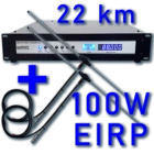   
100 watts EIRP consisting of 20mt of low loss LMR400 cable, a two way stacked dipole and a 50 watt transmitter. Available with the super silent option so it can be used in a studio with live mics. On open flat land this can typically propagate the signal 15 to 20km. The transmitter is stereo with built in audio processing and limiting. 
