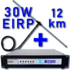  
30 watts is good power level for a large village or small town. The 30 watt transmitter with 12mt of cable and the single dipole gives exactly 30 watts EIRP. The transmitter is stereo with audio processing nd limiting and it ideal for licensed broadcasting.
