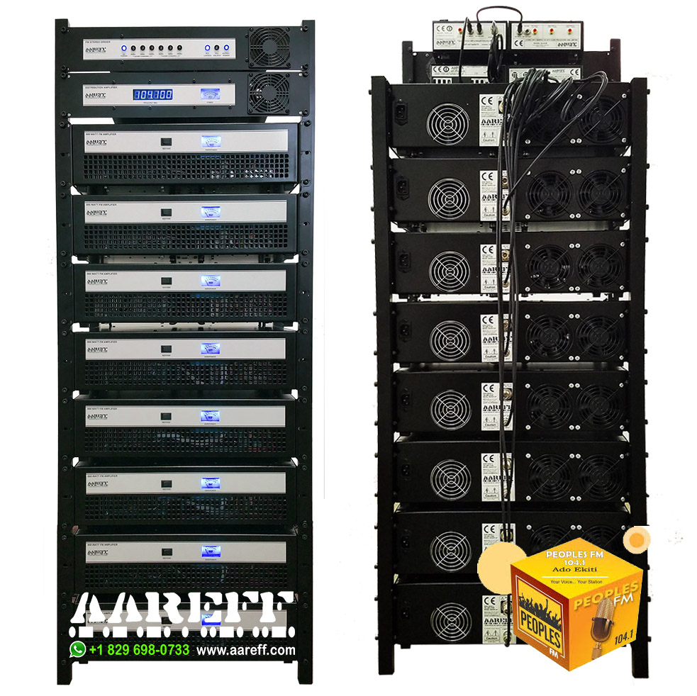 Complete view of back and front of Peoples Fm 6.4kW Aareff moudular transmitter. Used with an eight way stacked dipole, over 50kW EIRP