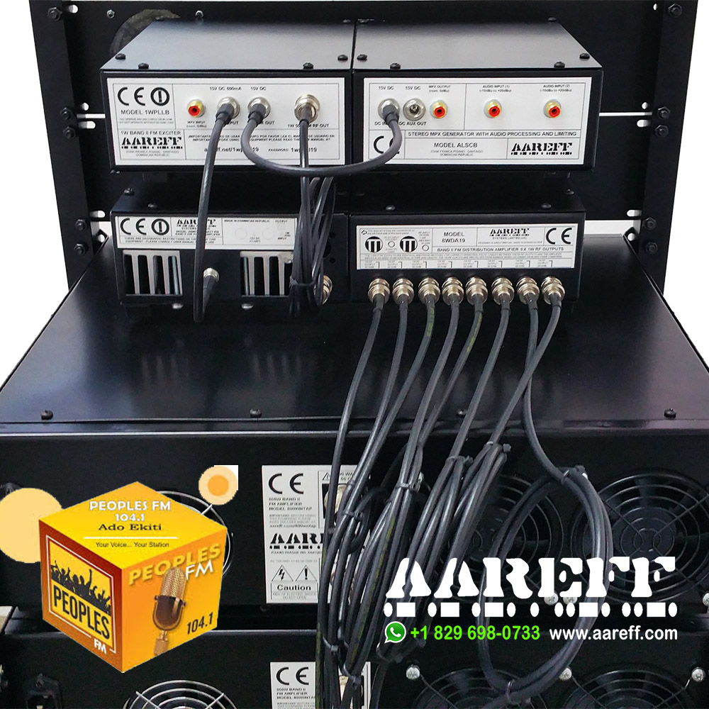 Back panel view of the Aareff 8 way distribution amplifier connected to each one of eight 800W amplifiers. Total transmitter power 6.4kW